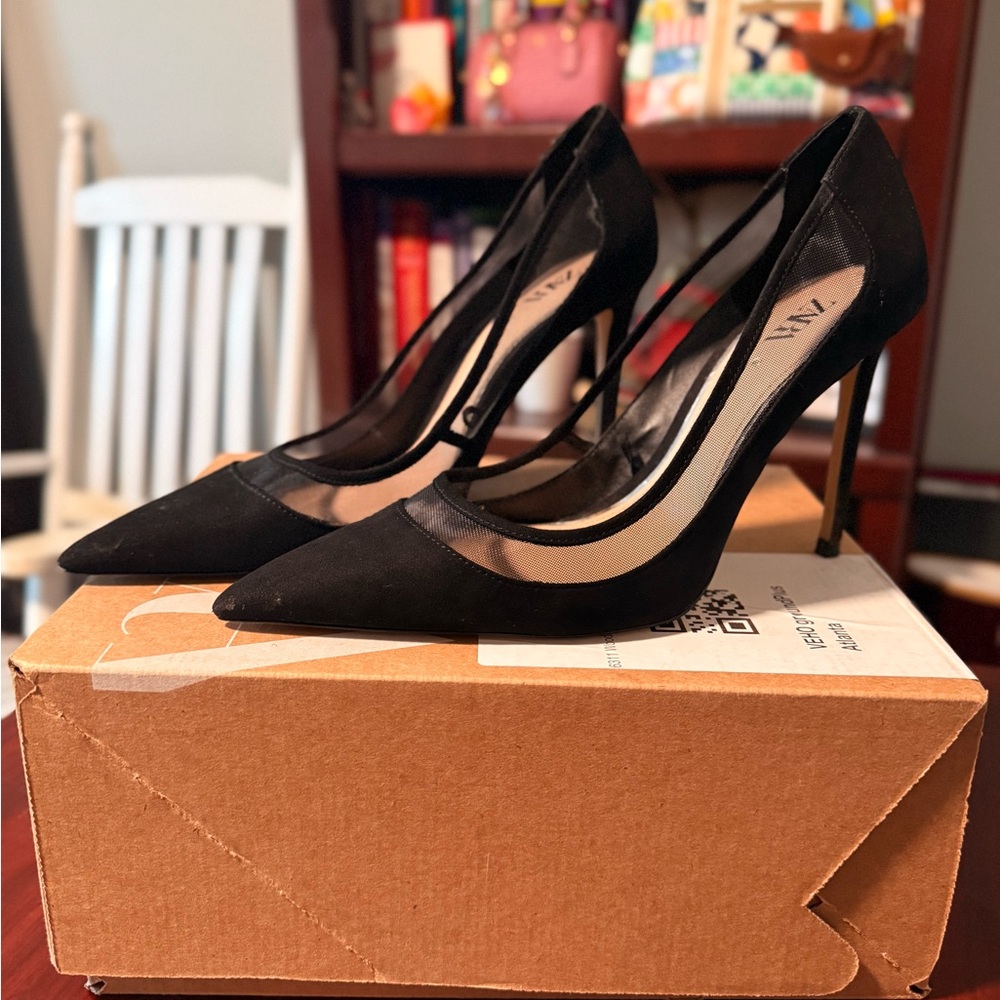 Zara Black Pointed Mesh-Panel Stiletto Heels